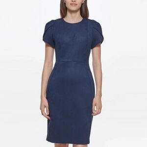 Calvin Klein Navy Short Sleeve Faux Suede Sheath Dress, Size 12, NWT